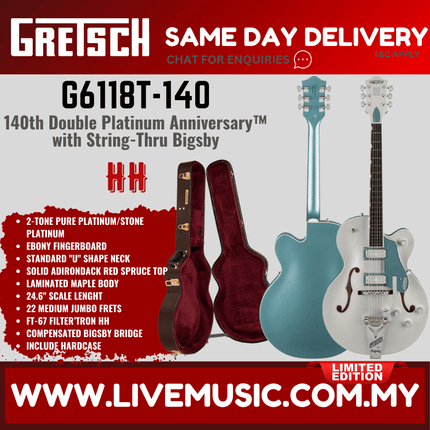 Gretsch G6118T-140 PRO 140th Anniversay Hollowbody Guitar w/Bigsby, 2-Tone Pure/Stone Platinum