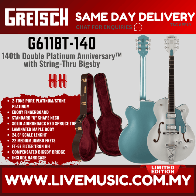 Gretsch G6118T-140 PRO 140th Anniversay Hollowbody Guitar w/Bigsby, 2-Tone Pure/Stone Platinum