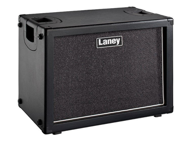Black speaker cabinet with textured grille, Laney badge, and top carry handles
