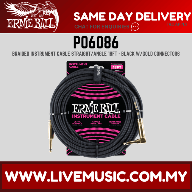 Ernie Ball 6086 Braided Straight to Right Angle Instrument Cable, Black, 18ft