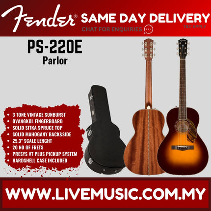 Fender PS-220E Parlour Electro Acoustic Guitar, Natural / Aged Cognac Burst / 3 Colour Vintage Sunburst ( PS220E / PS 220E )
