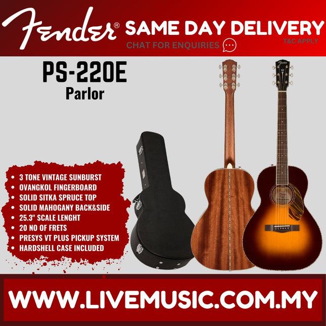 Fender PS-220E parlour electro-acoustic guitar with hardshell case, vintage sunburst finish