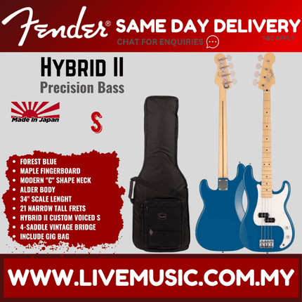 Fender Japan Hybrid II Precision Bass Guitar, Maple Fretboard with Gig Bag - Forest Blue