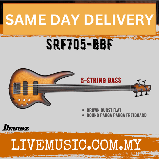 Ibanez SRF705 Workshop Series Fretless 5-Strings Bass Guitar - Brown Burst Flat (SRF705-BBF)