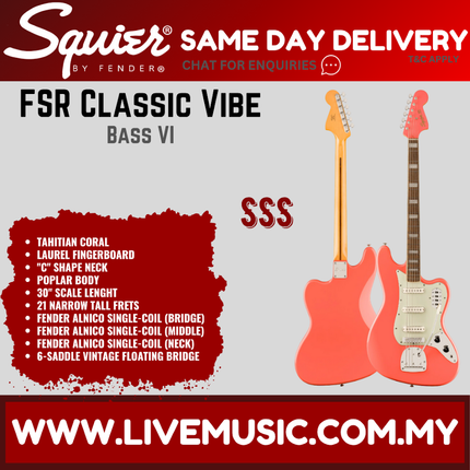 Squier FSR Classic Vibe Bass VI Guitar, Laurel FB, Tahitian Coral
