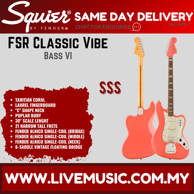 Squier FSR Classic Vibe Bass VI Guitar, Laurel FB, Tahitian Coral