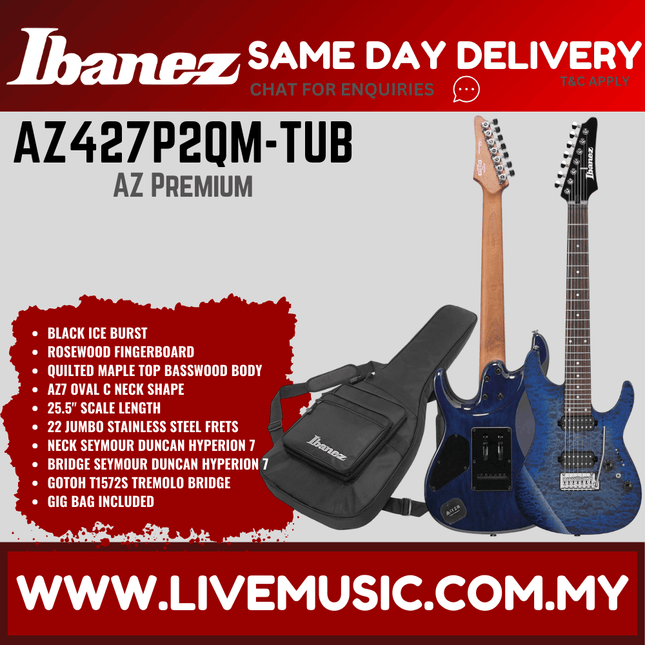 Ibanez AZ427P2QM-TUB AZ Premium Series 7-String Electric Guitar, Twilight Blue Burst (AZ427P2QMTUB/AZ427P2QM TUB)