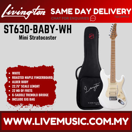 White mini Stratocaster style electric guitar with gig bag and roasted maple fingerboard