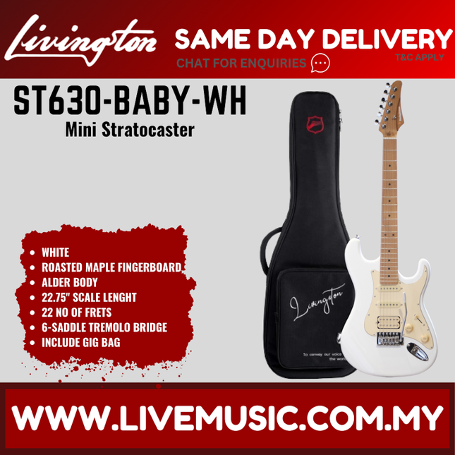 White mini Stratocaster style electric guitar with gig bag and roasted maple fingerboard