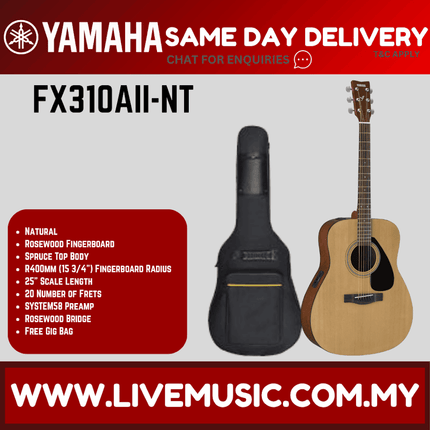 Natural acoustic-electric guitar with pickup, shown with black padded gig bag