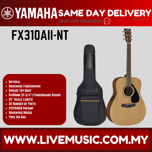 Natural acoustic-electric guitar with pickup, shown with black padded gig bag