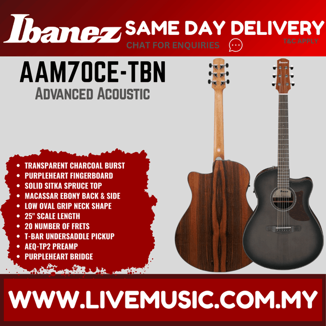 Ibanez AAM70CE-TBN Advanced Acoustic Series Acoustic Electric Guitar, Transparent Charcoal Burst ( AAM70CE TBN / AAM70CETBN )