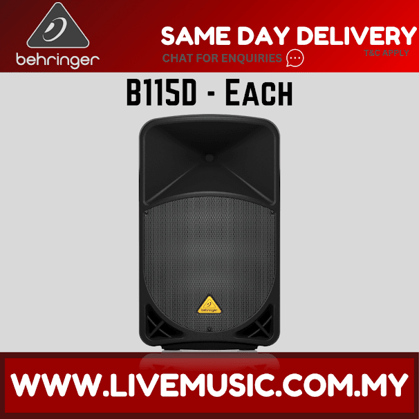 Black 15-inch powered speaker with front horn and perforated grille, single unit.