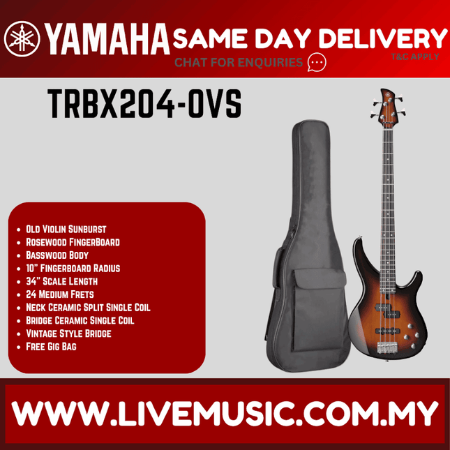 Yamaha TRBX204-4-string Electric Bass Guitar Package - Old Violin Sunburst ( TRBX 204 / TRBX-204 )