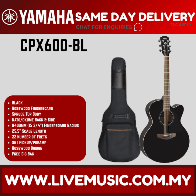 Yamaha CPX600 Medium Jumbo Cutaway Spruce Top Acoustic-Electric Guitar - Black ( CPX-600/CPX 600 )
