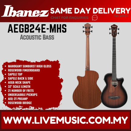 Ibanez AEGB24E 4 String AEG Body Sapele Top Acoustic Bass Guitar - ( AEGB-24E / AEGB 24E )-Mahogany Sunburst