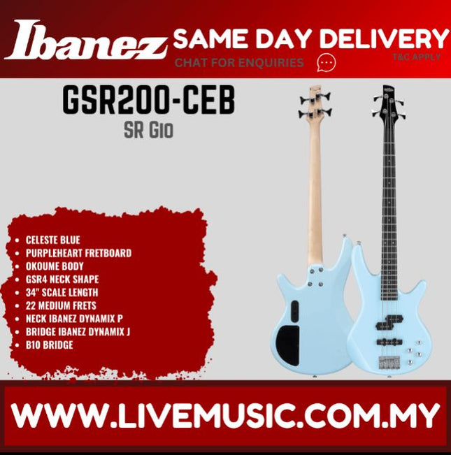 Ibanez GSR200 GIO Series 4-String Electric Bass - (GSR-200 GSR 200)-Celeste Blue