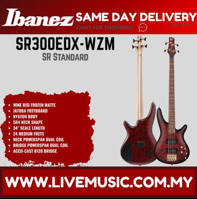 Ibanez SR300EDX 4-String Bass Guitar, Wine Red Frozen Matte ( SR300EDX-WZM )