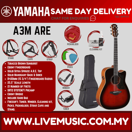 Yamaha A3M ARE Dreadnought Cutaway Acoustic-Electric - Tobacco Brown Sunburst ( A3M-ARE A3MARE )