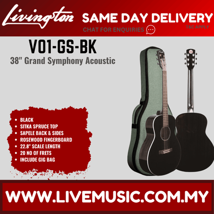 Livingston V01-GS 38" Solid Top Acoustic Guitar, Rosewood FB, Natural / Orange / Black ( V01 GS V01GS )