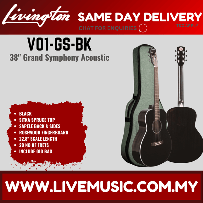 Black acoustic guitar with rosewood fingerboard, in green padded gig bag