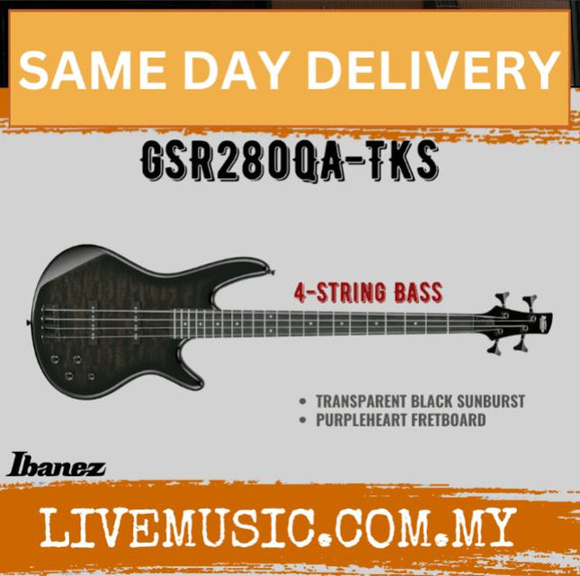 Ibanez GSR280QA 4-String Electric Bass Guitar,Purpleheart FB - ( GSR280QA-TKS )-Black Sunburst