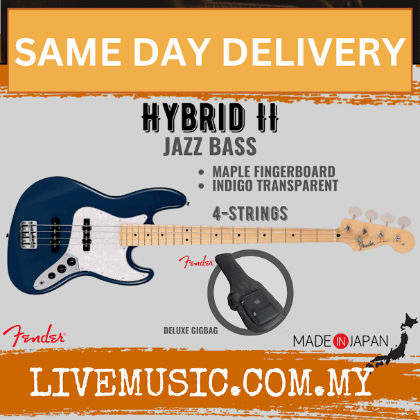 Fender Japan Hybrid II Jazz Bass Guitar, Maple Fretboard - Indigo Transparent