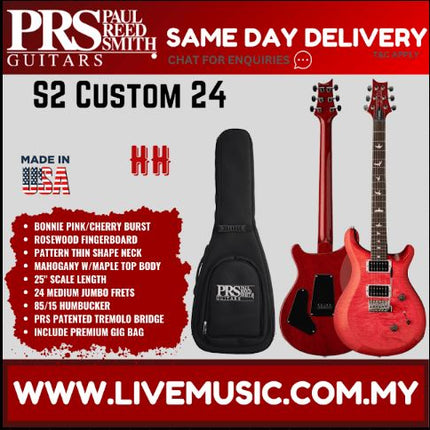 PRS S2 Custom 24-08 Electric Guitar-Bonnie Pink/Cherry Burst