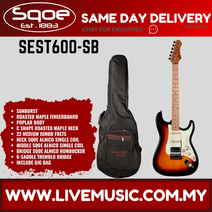 Sunburst electric guitar with roasted maple fretboard and included padded gig bag