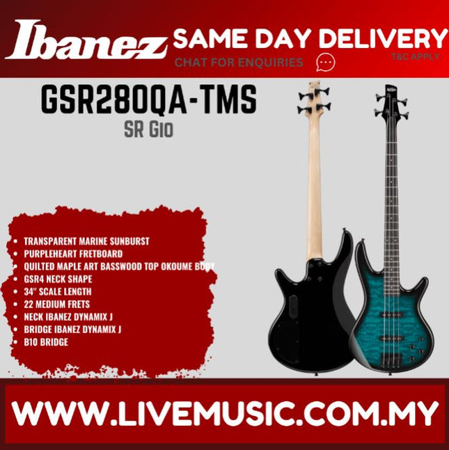 Ibanez GSR280QA 4-String Electric Bass Guitar,Purpleheart FB - ( GSR280QA-TMS  )-Marine Sunburst