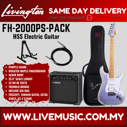 Livingston FH-2000-Pack Stratocaster HSS Electric Guitar w/GA15II Amplifier, Roasted Maple Fretboard -Purple ( FH2000 FH 2000 )