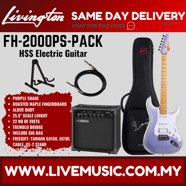 Purple HSS electric guitar bundle with amp, cable, and black gig bag