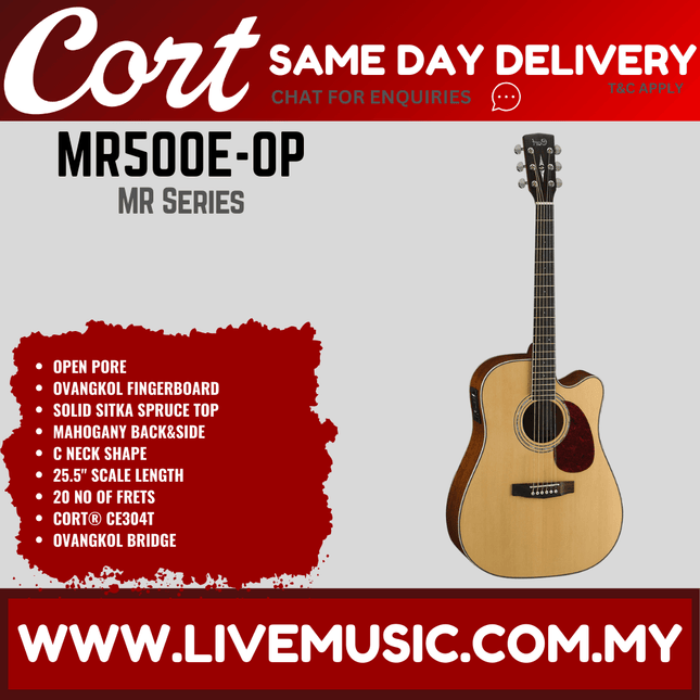 Cort MR-500E - Solid Top Acoustic-Electric Guitar with Gig Bag - Open Pore (MR500E)