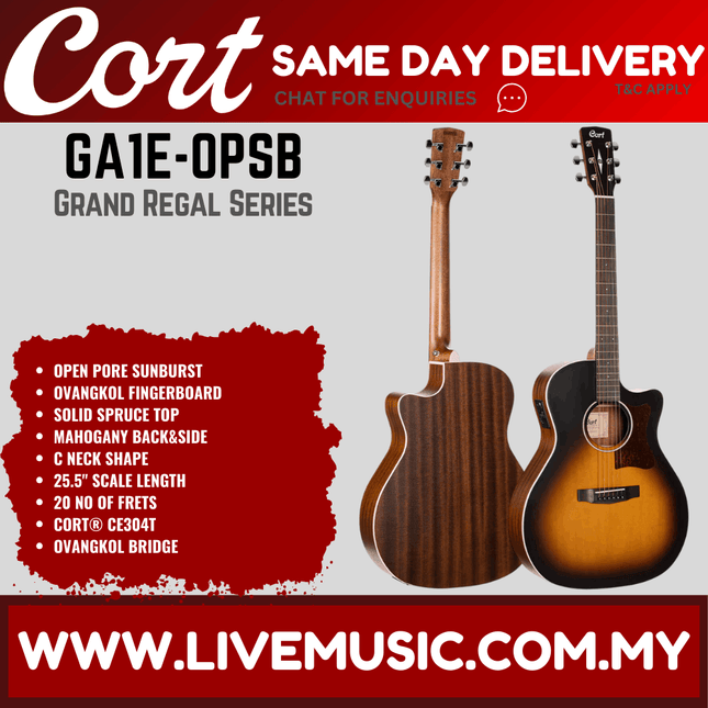 Cort GA1E Acoustic Electric Guitar Ovangkol Fingerboard with Gig Bag - Open Pore Sunburst (GA 10E /GA-10E)