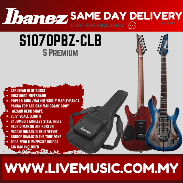 Ibanez S1070PBZ-CLB S Premium Series Electric Guitar, Cerulean Blue Burst ( S1070PBZ CLB / S1070PBZCLB )