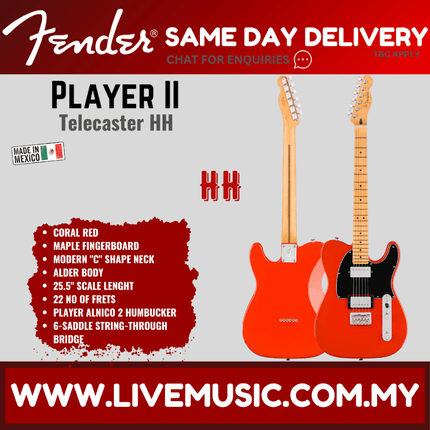 Fender Player II Telecaster HH Electric Guitar, Maple FB - Coral Red
