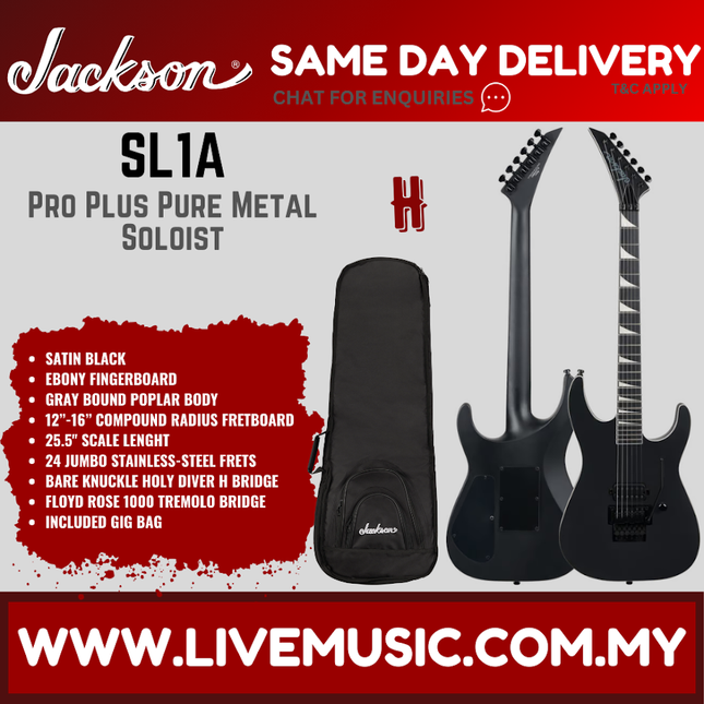 Jackson SL1A Pro Plus Pure Metal Limited Edition Soloist Electric Guitar, Ebony FB, Gloss Black ( SL-1A / SL 1A )