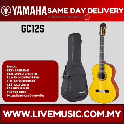 Classical guitar with solid spruce top, natural finish, yellow body and black gig bag