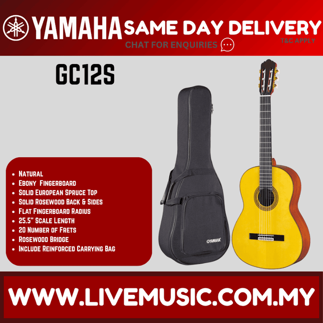Classical guitar with solid spruce top, natural finish, yellow body and black gig bag