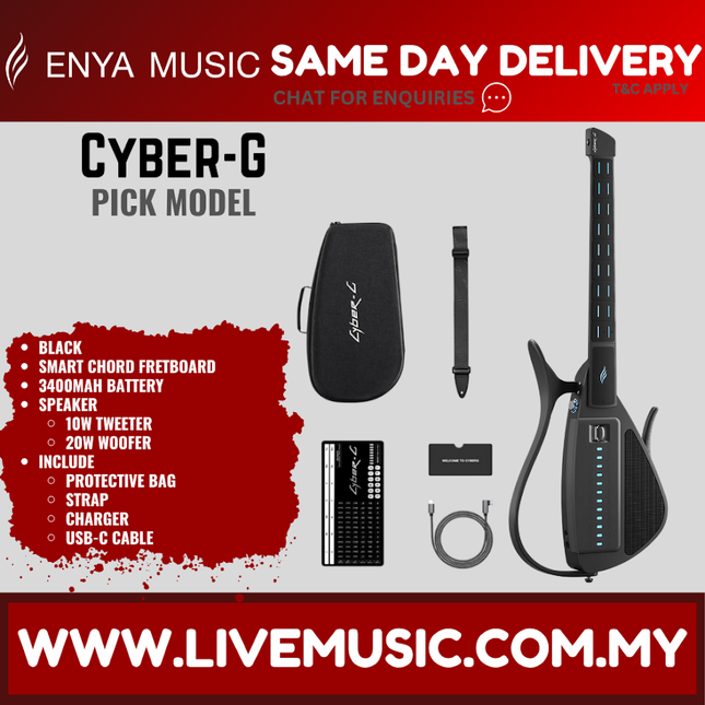 Black Enya Cyber-G stringless backing guitar with case, strap, charger, and cable