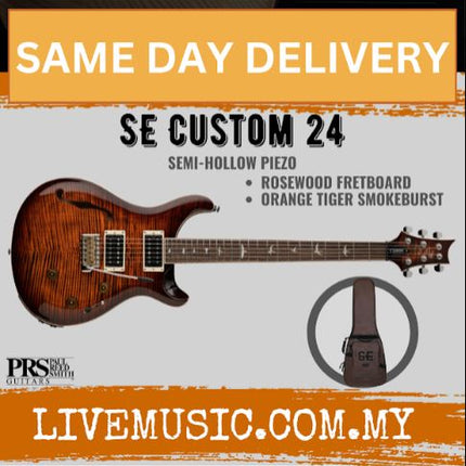 PRS SE Custom 24 Semi-Hollowbody Piezo Electric Guitar, RW FB-Orange Tiger Smokeburst