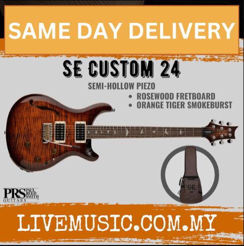 PRS SE Custom 24 Semi-Hollowbody Piezo Electric Guitar, RW FB-Orange Tiger Smokeburst