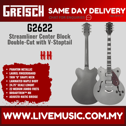 Gretsch G2622 Streamliner Centre Block Double Cut Guitar w/V-Stoptail - Phantom Metallic ( G-2622 G 2622 )