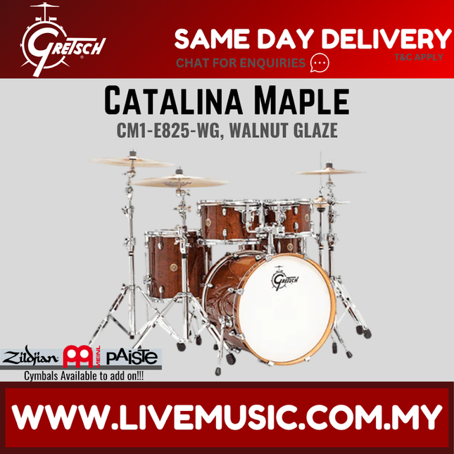 Walnut-glaze 5-piece maple drum shell kit with chrome hardware and cymbals