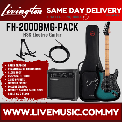 Livingston FH-2000-Pack Stratocaster HSS Electric Guitar w/GA15II Amplifier, Roasted Maple Fretboard -Green  ( FH2000 FH 2000 )