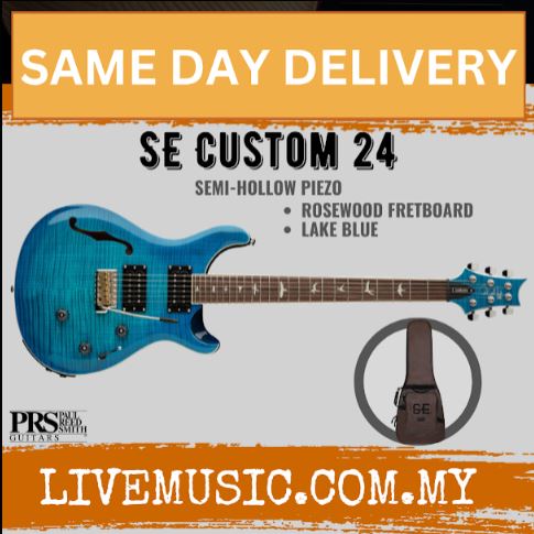 PRS SE Custom 24 Semi-Hollowbody Piezo Electric Guitar, RW FB-Lake Blue