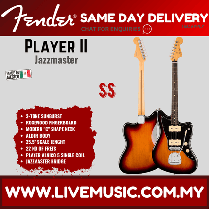 Fender Player II Jazzmaster Electric Guitar, RW FB - 3 Tone Sunburst