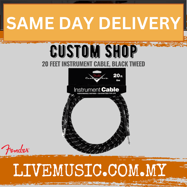 Black tweed-style instrument cable, coiled 20 ft with 1/4-inch plugs