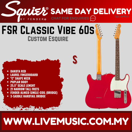 Squier FSR Classic Vibe 60s Custom Esquire Electric Guitar, Laurel FB, Dakota Red