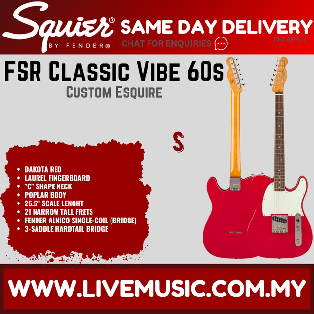 Squier FSR Classic Vibe 60s Custom Esquire Electric Guitar, Laurel FB, Dakota Red